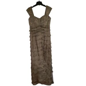 Ignite Evenings Mermaid Sequined  Layered Dress Taupe Beaded Size 12 Womens